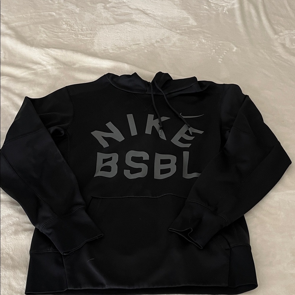 Nike Men's Black Baseball Hoodie with Gray Lettering, size small